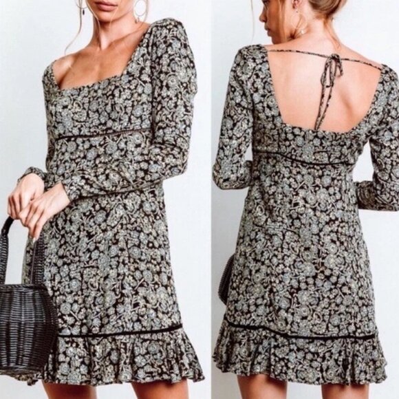 Free People Boheme Floral Long Sleeve Square Neck Mini Dress - 10 - Picture 1 of 9